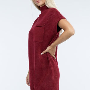 Mock Neck Short Sleeve Sweater Dress with Pocket