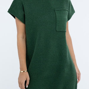 Mock Neck Short Sleeve Sweater Dress with Pocket