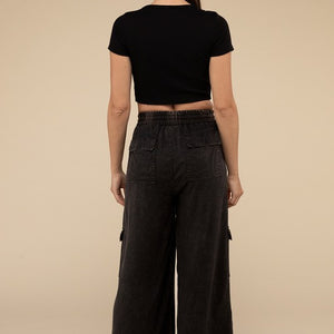 Washed Linen Elastic Band Waist Cargo Pants