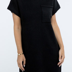 Mock Neck Short Sleeve Sweater Dress with Pocket