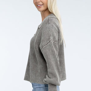 Washed Collared Henley Sweater