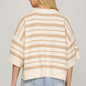 DROP HALF SLEEVE ROUND NECK STRIPED KNIT SWEATER TOP