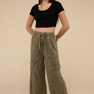 Washed Linen Elastic Band Waist Cargo Pants