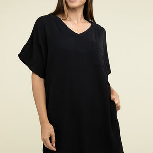 Woven Airflow V Neck T-Shirt Dress with Pockets