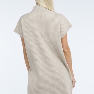 Mock Neck Short Sleeve Sweater Dress with Pocket