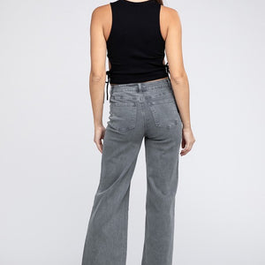 Acid Wash Frayed Cutoff Hem Straight Wide Pants