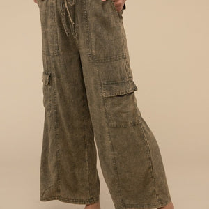 Washed Linen Elastic Band Waist Cargo Pants