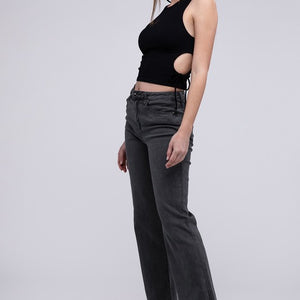 Acid Washed Frayed Cutoff Hem Straight Wide Pants