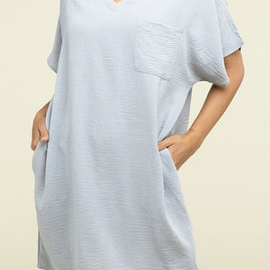 Woven Airflow V Neck T-Shirt Dress with Pockets