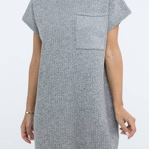 Mock Neck Short Sleeve Sweater Dress with Pocket