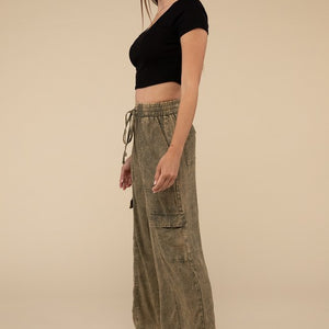 Washed Linen Elastic Band Waist Cargo Pants