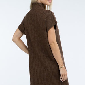 Mock Neck Short Sleeve Sweater Dress with Pocket