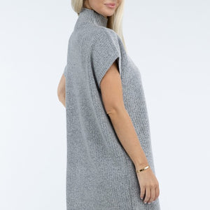 Mock Neck Short Sleeve Sweater Dress with Pocket