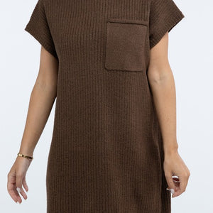 Mock Neck Short Sleeve Sweater Dress with Pocket