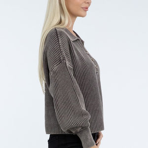 Washed Collared Henley Sweater