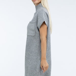 Mock Neck Short Sleeve Sweater Dress with Pocket