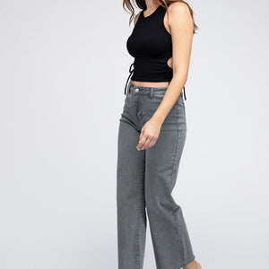 Acid Wash Frayed Cutoff Hem Straight Wide Pants