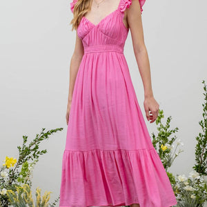 Pink shirred midi dress