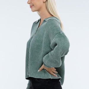 Washed Collared Henley Sweater