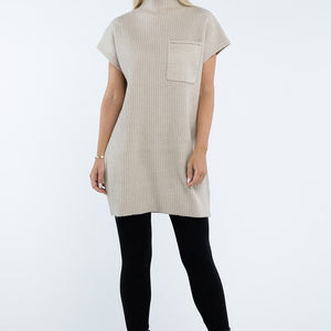 Mock Neck Short Sleeve Sweater Dress with Pocket