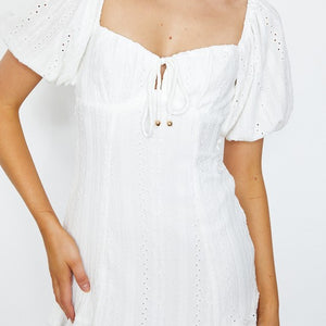 Textured Eyelet Puff Sleeved Mini Dress