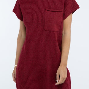 Mock Neck Short Sleeve Sweater Dress with Pocket