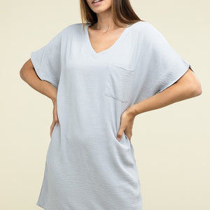 Woven Airflow V Neck T-Shirt Dress with Pockets