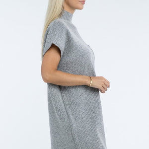 Mock Neck Short Sleeve Sweater Dress with Pocket