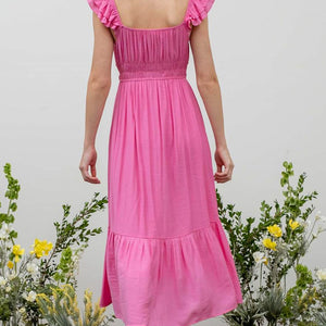 Pink shirred midi dress