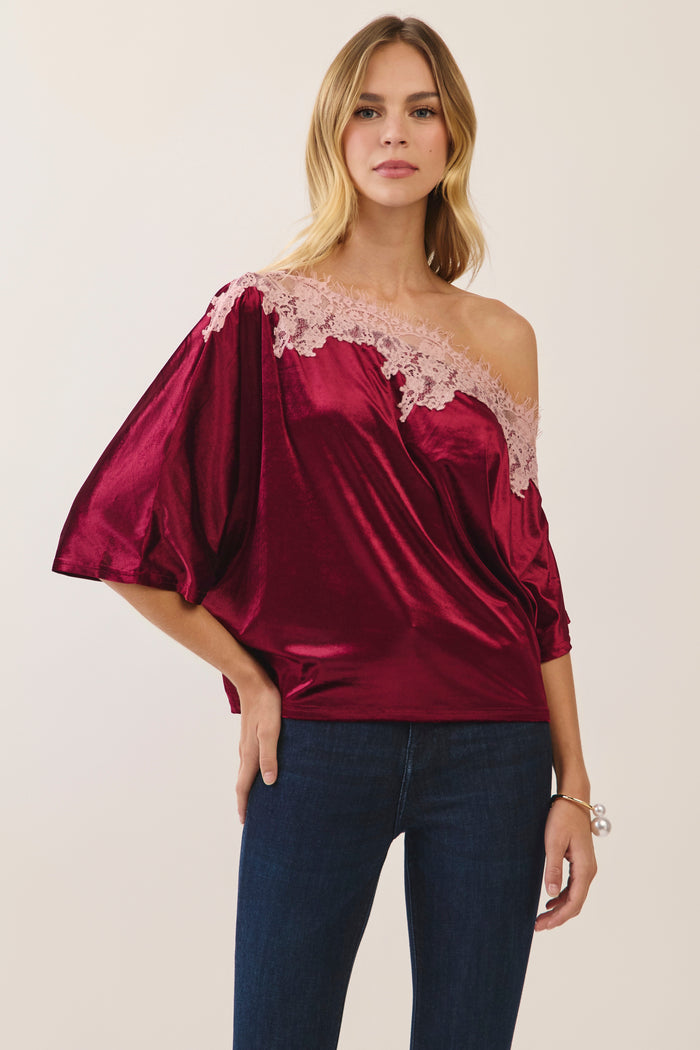 Burgundy velour lace trim top