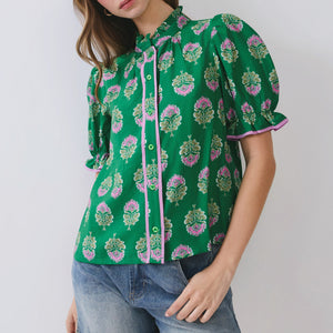 Green Floral Block Print Ruffle Neck Puff Sleeve Top