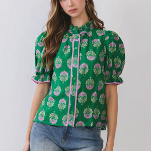 Green Floral Block Print Ruffle Neck Puff Sleeve Top