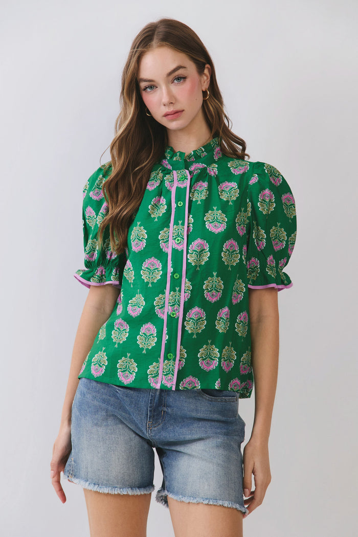 Green Floral Block Print Ruffle Neck Puff Sleeve Top