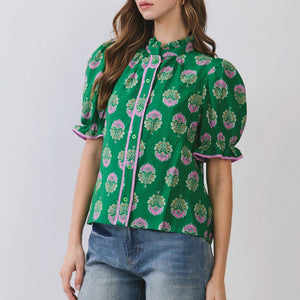 Green Floral Block Print Ruffle Neck Puff Sleeve Top