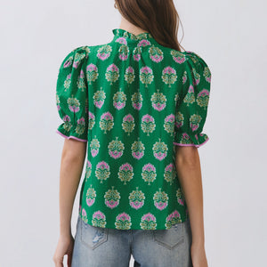 Green Floral Block Print Ruffle Neck Puff Sleeve Top