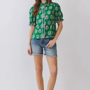 Green Floral Block Print Ruffle Neck Puff Sleeve Top