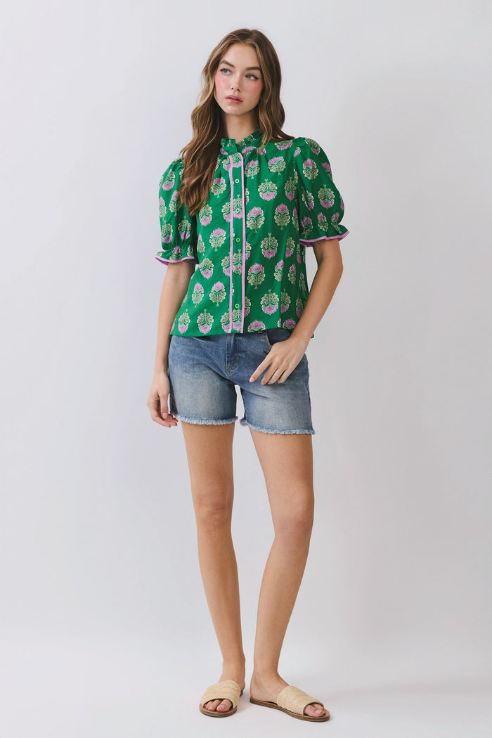 Green Floral Block Print Ruffle Neck Puff Sleeve Top