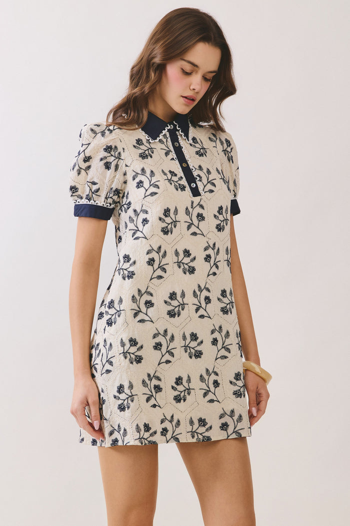 Geometric Print Floral Puff Sleeve Mini Dress