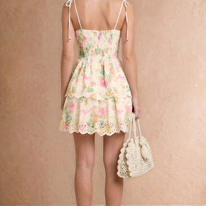 Floral Printed Eyelet Tie Shoulder Mini Dress