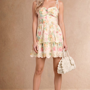 Floral Printed Eyelet Tie Shoulder Mini Dress