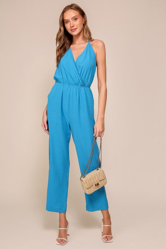 Blue Brooklyn airflow halter surplice jumpsuit