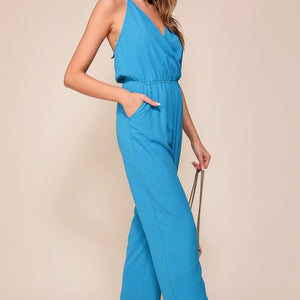 Blue Brooklyn airflow halter surplice jumpsuit