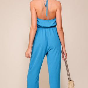 Blue Brooklyn airflow halter surplice jumpsuit