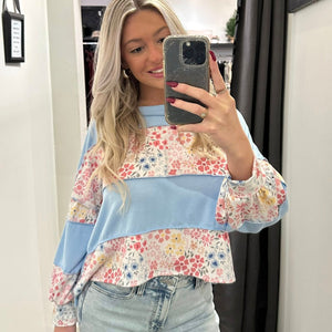 Round Neck Floral Print Color Block Pullover