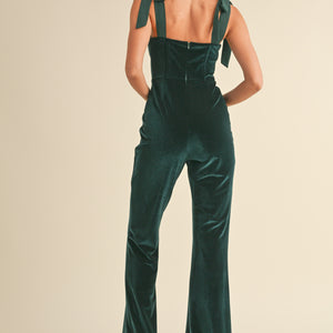 SATIN SHOULDER TIE VELVET FLARE JUMPSUIT