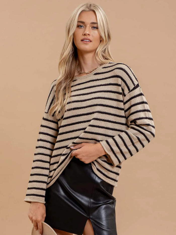 STRIPE BOAT NECK DROP SHOULDER KNIT SWEATER