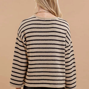 STRIPE BOAT NECK DROP SHOULDER KNIT SWEATER