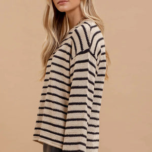 STRIPE BOAT NECK DROP SHOULDER KNIT SWEATER