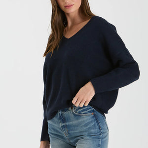 NAVY V NECK DROP SHOULDER KNIT SWEATER