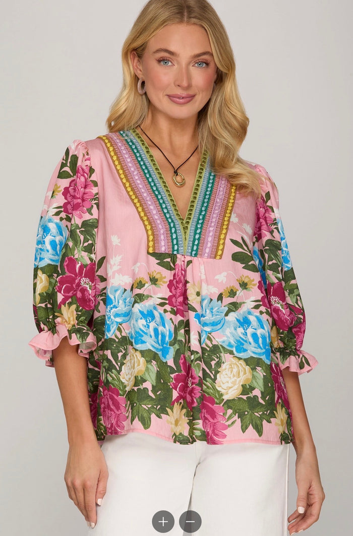 PINK SHORT SLEEVE BUTTON DOWN PRINTED TOP